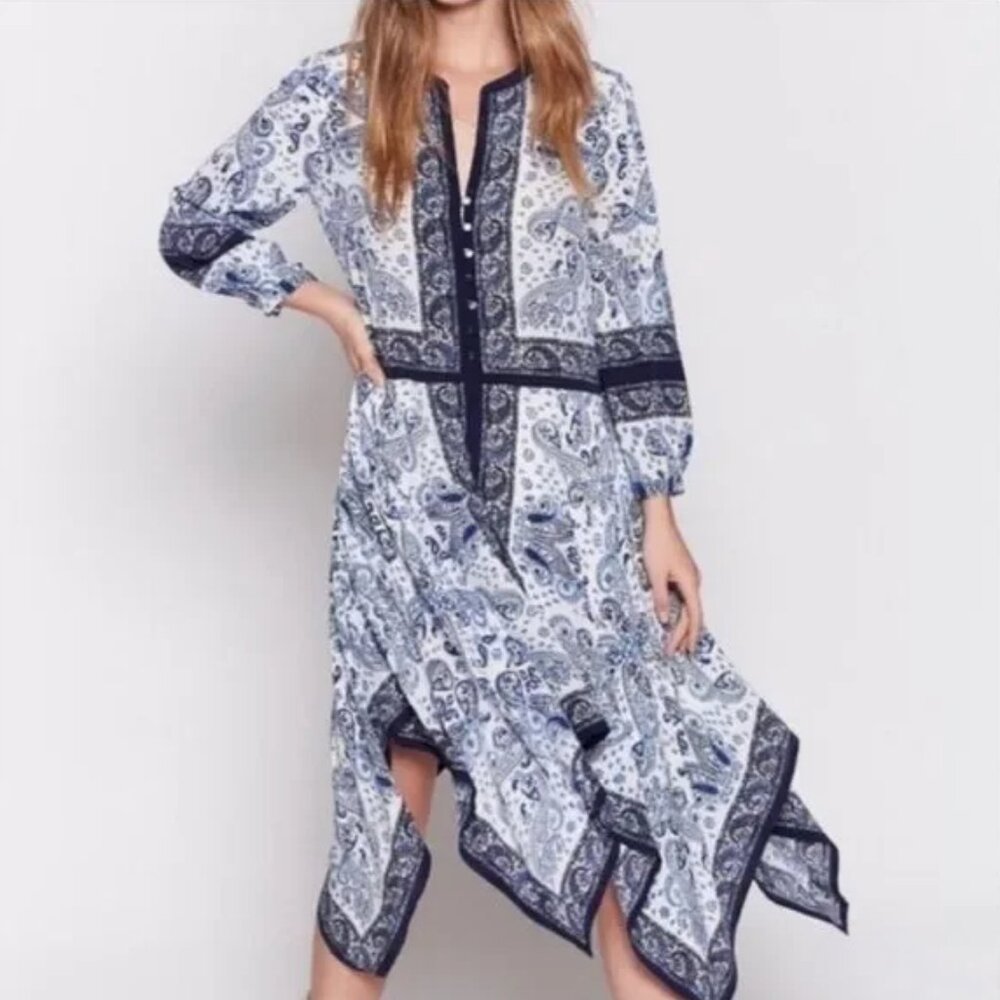 JOIE CYNTIA SCARF PRINTED BLUE WHITE 100% SILK HANDKERCHIEF 3/4 SLEEVE DRESS XS